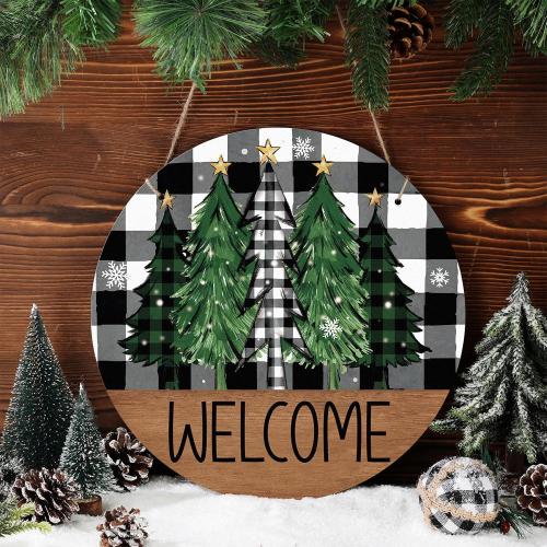 Christmas Welcome Door Sign Decoration Rustic Xmas Tree Winter Wonderland Wreath Black White Buffalo Plaid Hanging Sign Farmhouse Xmas Winter Decor for Front Porch Door Wall Window 2 pk