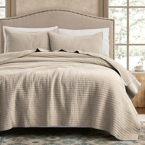 100% Cotton  - Beige Neutral Striped Pick Stitch Soft Lightweight Bedspread, Textured Like Linen, Farmhouse Country Rustic Coverlet, Shabby Chic Gauze Bedding