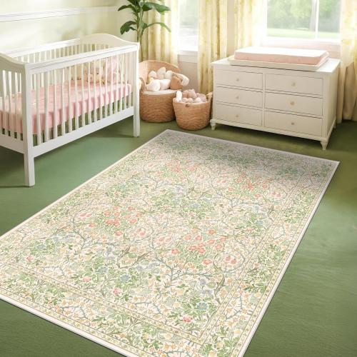 Light Green Bedroom Rug 5x7 Area Rug for Living Room, Vintage Washable Floral Floor Mat for Nursery, Dining Room Low Pile Non Slip Stain Resistance Distressed Retro Indoor (5x7 Beige Green)