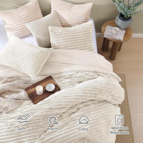Geniospin Luxury Fluffy King Comforter Set-3 Pieces, Ivory Comforter King Size All Seasons, Faux Fur Bedding Set, Plush Fuzzy Comforter(Ivory, 102''x90'')