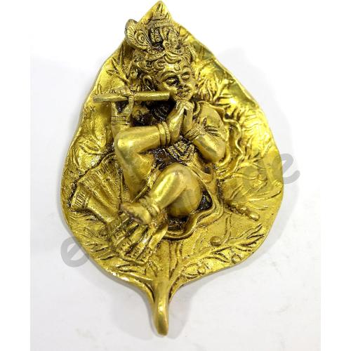 eSplanade - Baby Krishna Gopal Gopala on Leaf Idol Murti Statue Sculpture - Brass