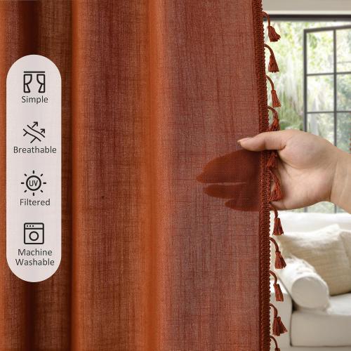 SMABU Terracotta Boho Linen Curtains 84 Inches Long 2 Panels Set, Light Filtering Semi Sheer Drapes with Back Tab & Rod Pocket, Tassel Decor for Bohemian Farmhouse Living Room, Bedroom, 52x84