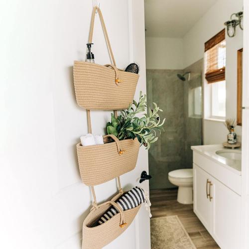 OrganiHaus Over the Door Hanging Basket for Organizing, 3-Tier Hanging Wall Basket for Storage, Boho Nursery Decor for Wall, Behind Door Wall Storage, Wall Organizer for Office, Wall Toy Storage Honey