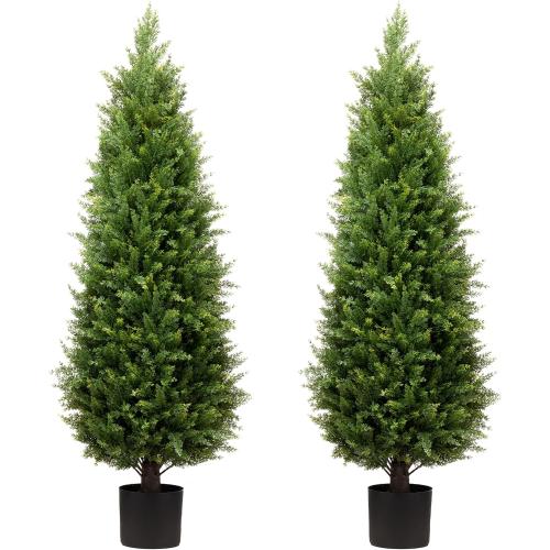 4ft Artificial Cedar Trees Artificial Topiary Trees Set of 2 Faux Cypress Plants UV Resistant Potted Bushes Faux Shrubs for Outdoor Indoor Front Porch Garden