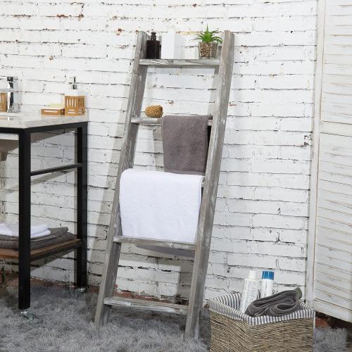 MyGift Large Whitewashed Wood Ladder Blanket Ladder, Farmhouse Style Wall Leaning Towel Rack with 5 Rungs (Graywashed)