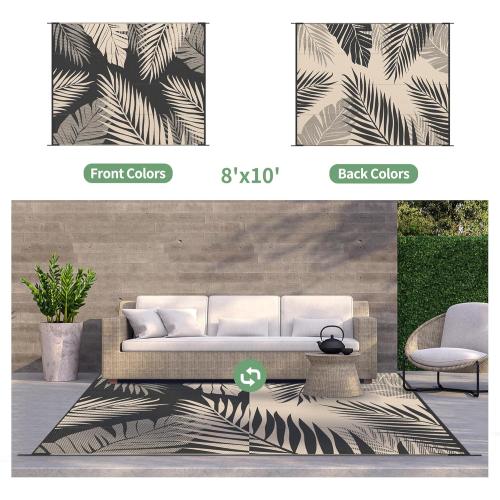 GENIMO Outdoor Rug 8' x 10' Waterproof for Patios Clearance, Reversible Outdoor Plastic Straw Camping Rug Carpet, Large Area Rugs Mats for RV, Camper, Deck, Balcony, Porch, Beach, Picnic, Black&Beige