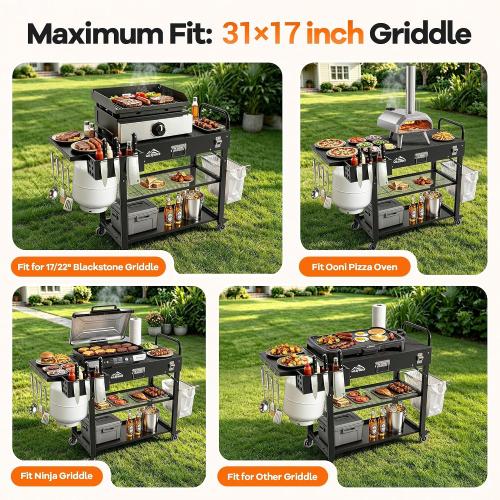 Grill Cart for Blackstone Griddle, Outdoor Grill Table for Ninja | Foldable Pizza Oven Stand Grill Stand Fit 17 or 22 Inch Tabletop Griddle, Portable BBQ Prep Station with Tool Hooks & Wheels