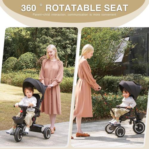 Baby Tricycle, 6-in-1 Folding Tricycle with Removable Push Handle, Rotatable Seat, Adjustable Canopy, Storage Box, Safety Harness, Balance Bike, Toddler Trike for 7 Months - 5 Year Girls and Boys