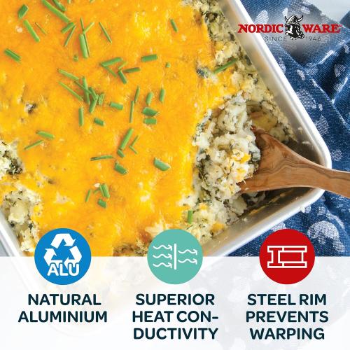Nordic Ware Natural Aluminum Commercial Cake Pan with Lid, Rectangle Pan with Lid Silver, 9 x 13        6 Enameled Cast Iron Skillet Light Gray - Figmint™: Even-Heating, Oven-Safe, Hand Wash, Non-Induction Compatible Sage Green (item chipped)
