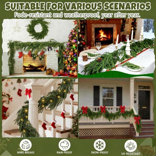 6FT Artificial Norfolk Pine Garlands for Christmas Decorations,Real Touch 2 PCS Winter Faux Greenery Garlands for Mantel Table Stair Fireplace Wall Holiday Indoor Outdoor Decor