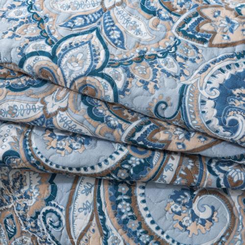 Blue and Brown Cotton Bedspread Quilt Sets-Reversible Patchwork Coverlet Set, Floral Pattern
