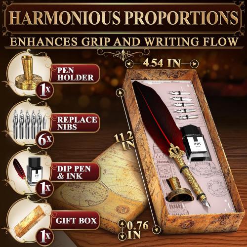 Red Feather Quill Pen and Ink Set - 11.4 Antique Feather Pen and Ink Set with Stainless Steel Nib for Calligraphy Practice, Drawing & Signatures - Designed for Beginners and Calligraphy Enthusiasts