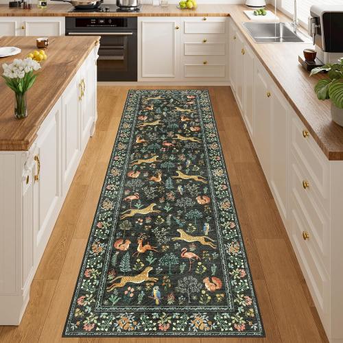 Black Animal Print DUKINO Rectangle Rug for Hallway, Washable Kitchen Runner Rug with Non Slip Backing, Soft Low Pile Vintage Animal Runner for Bedroom, Kitchen, Hallway, Entryway, Laundry, Black