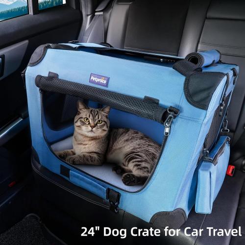Size 24x17x17 Color Blue Petprsco Portable Collapsible Dog Crate, Travel Dog Crate 24x17x17 with Soft Warm Blanket and Foldable Bowl for Large Cats & Small Dogs Indoor and Outdoor