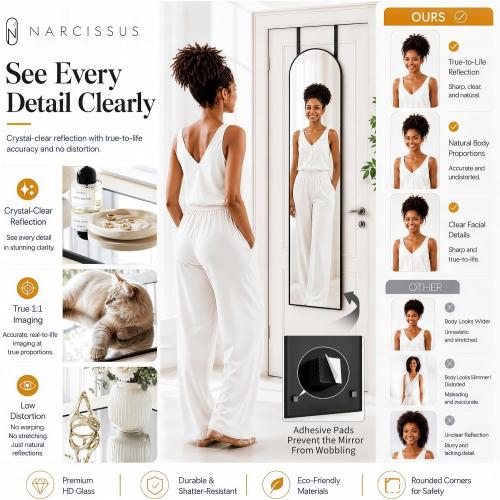 NARCISSUS Over the Door Full Length Mirror 47x14 Inch, Wall Mounted Dressing Mirror, Door Hanging Full Body Mirror HD Reflection Glass for Bedroom, Aluminum Alloy Frame Black