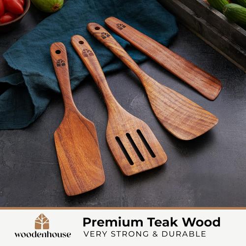 Wooden Spatula for Cooking, Teak Spatulas for Kitchen Use - Wooden Cooking Utensils Set of 4 including Paddle, Turner, Slotted Spurtle and Wood Scraper. Nonstick cookware.