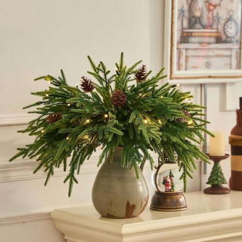 12 Pcs Christmas Lighted Norfolk Pine Stems 18 Inch with Lights & Pine Cones, Prelit Pine Branches, Picks for Vase, Fireplace Mantel Decor, Holiday Centerpieces & Indoor Decorations, Filler
