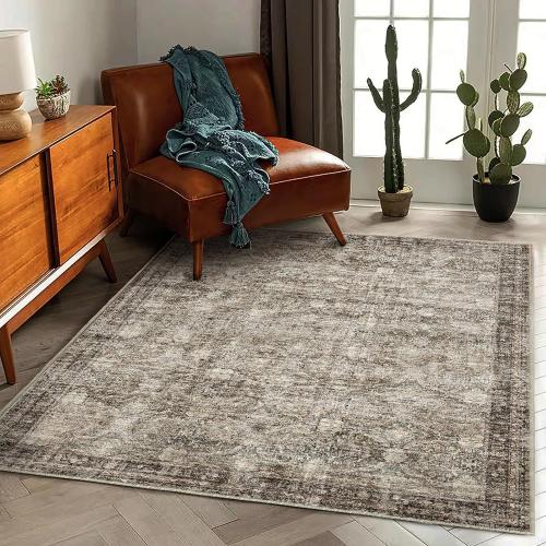 CHAMPLANT Washable Area Rug 4'x6' Vintage Traditional Floor Cover Foldable Thin Rugs Retro Kitchen Indoor Distressed Non Slip Carpet Floral Print Mat Bedroom Living Room