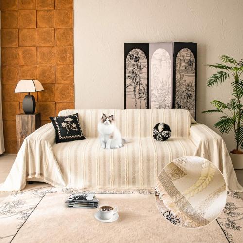 Beige,71''x102'' Couch Cover for Dogs Washable Sofa Cover, Sectional Couch Covers, Sofa Covers for 2 Cushion Couch, Non Slip Stripe Sofa Slipcovers Furniture Protector, Couch Protector from Cat Claws, Beige,71''x102'