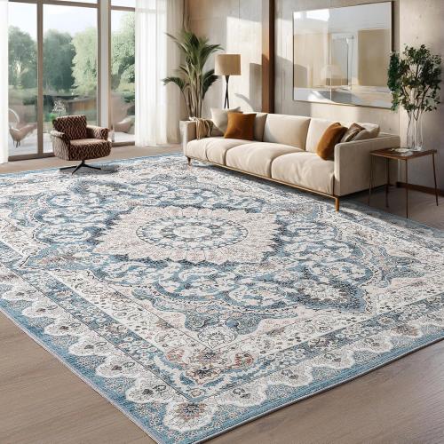 Foxmas 8x10 Area Rugs for Living Room, Machine Washable Vintage Rug, Non-Slip Low Pile Throw Rugs with Rubber Backing Washable Carpet for Bedroom Dining Room Kitchen Home Decor, Blue