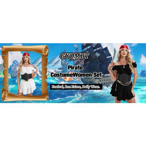 GYQMBT 5PCS Women 2XL Pirate Costume,Renaissance Romper Style Dress with Pirate Bandana Corset Accessories for Halloween Cosplay.