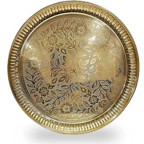 Craftsman 10 Inch Pure Brass Floral Design Pooja Aarti Thali Plate for Mandir, Temple, Indian Festival, Diwali, Aarti Platter for Prayer, Wedding Gift