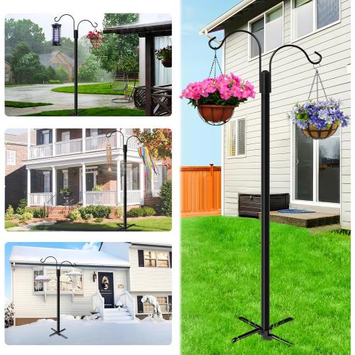 Double Shepherds Hooks for Outdoor, 2-Pack Heavy Duty Garden Pole for Hanging Bird Feeder, Plant Baskets, Solar Light Lanterns, Garden Plant Hanger Stands with 5 Base Prongs