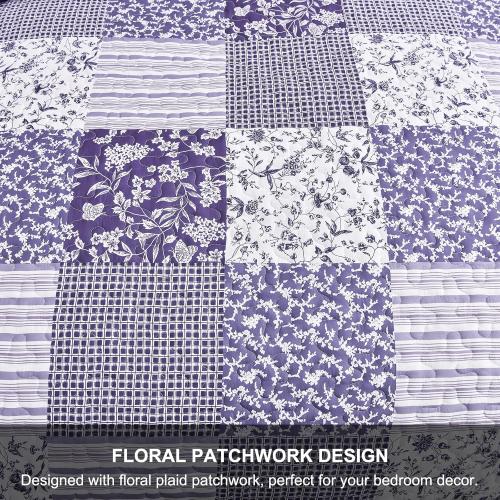 Mybedsoul Purple Quilt Set King Size Quilt Bedding Set Brown Plaid,3 Pieces Floral Patchwork Reversible Bedspread Coverlet Set for All Season,Soft Microfiber Bedding Set King 90x104