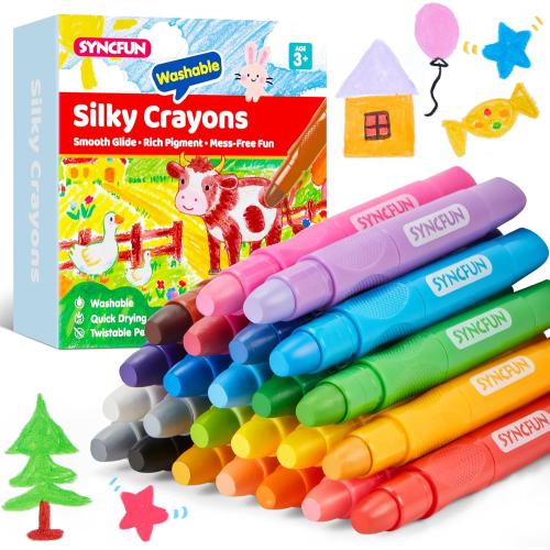 SYNCFUN 24 Pcs Twistable Silky Crayons, Washable Crayons for Paper,