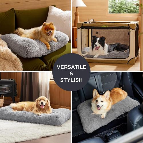 Washable Medium Dog Bed for Crate, Faux Fur Dog Crate Pad for Medium Breed, Plush Soft Comfort Dogs Sleeping Mat, Anti-Slip Pet Kennel Pad, Grey