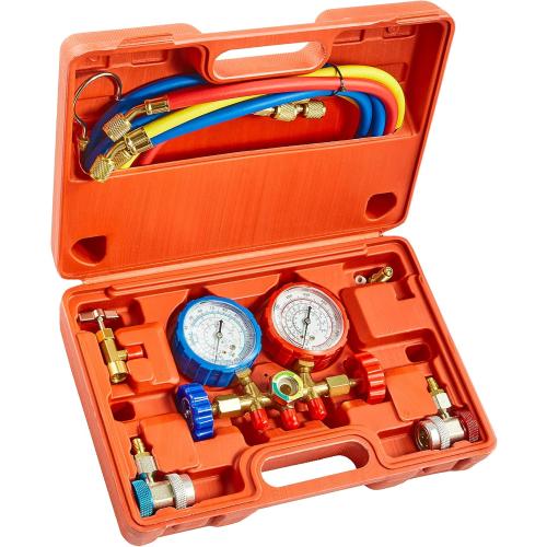 Orion Motor Tech 3 Way AC Diagnostic Manifold Gauge Set for Freon Charging, Fits R134A R12 R22 and R502 Refrigerants, with 5FT Hose, Tank Adapters, Adjustable Couplers and Can Tap