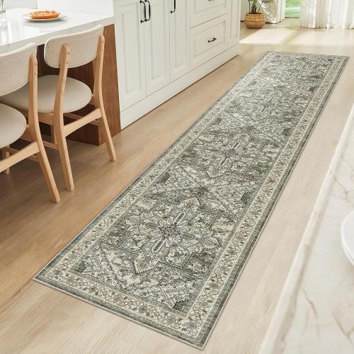 WITSHOCK 2x10 Long Runner Rug for Hallway: Washable Distressed Boho Low Pile Stain Resistant Foldable Carpet for Bedroom Kitchen Entryway Indoor Entrance, Oriental Farmhouse Floor Rug, Brown/Lvory