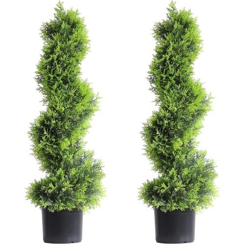 35inch Spiral Topiary Tree, 2 Pack Artificial Ceder Outdoor Plants, Boxwood Topiary Trees Fake Greenery for Front Porch Home Decor