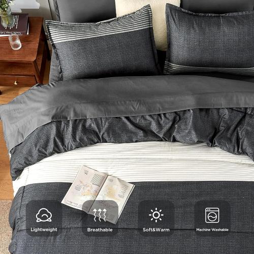 Andency Full Bed in a Bag 7 Pieces Comforter Set - Black White Grey Striped Lightweight Fully Breathable All Season Bedding Set with Comforter, Fitted & Flat Sheet, Pillowcases & Shams