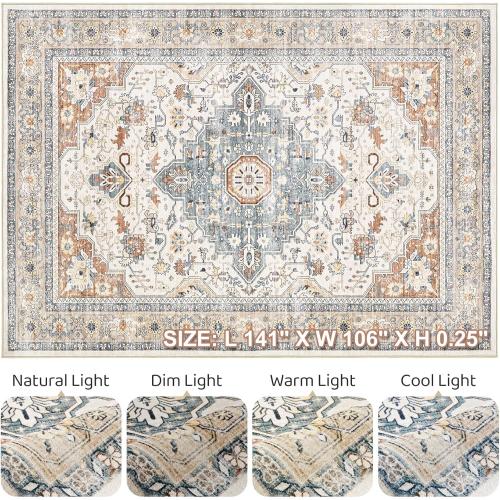 9x12 Area Rug Living Room: Washable Boho Large Neutral Vintage Soft Rugs Stain Resistant Distressed Farmhouse Non-Slip Indoor Floor Carpet for Bedroom Nursery Kids Office Dining Room- Beige Blue