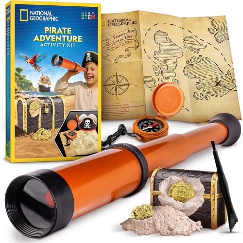 National Geographic Pirate Adventure Activity Kit – Dig for Treasure, Make a Pirate Hat & Map, Includes Spyglass, Compass, Replica Doubloon & Pyrite, STEM Toys, Telescope for Kids