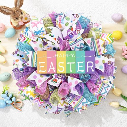 Waipfaru Easter Wreaths for Front Door, 18 Inch Handmade Mesh Bow Spring Wreaths with Wooden “Happy Easter” Sign, for Indoor Outdoor Home Farmhouse Table Mantel Window Wall Decor