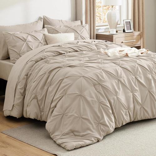 Bedsure King Size Comforter Set Beige - Bed in a Bag Bedding Set 7 Pieces, GentleSoft™ Pintuck Bed Set Gift for Family, Pinch Pleat Beige Comforter with Sheets, Pillowcases & Shams