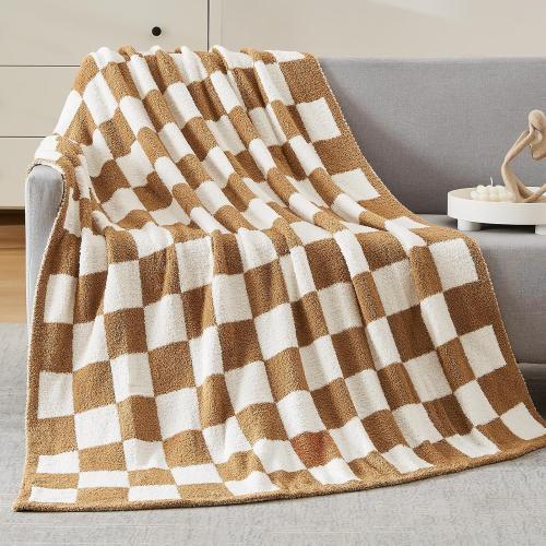 WRENSONGE Fall Checkered Throw Blanket, Burnt Orange Soft Cozy Fluffy Warm Hand Made Throw Blankets for Couch, Sofa, Chair, Bed, Camping, Picnic, Travel Lightweight Bed Blanket - 50*70