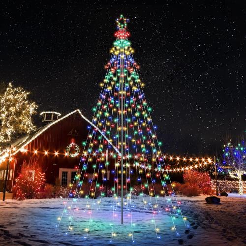 Lomotech Christmas Tree Lights - 10Ft 404 LED with 7.08 Topper, Remote Controll Waterproof Iron Pole Waterfall Lights for Outdoor Christmas Decorations (Multicolor)