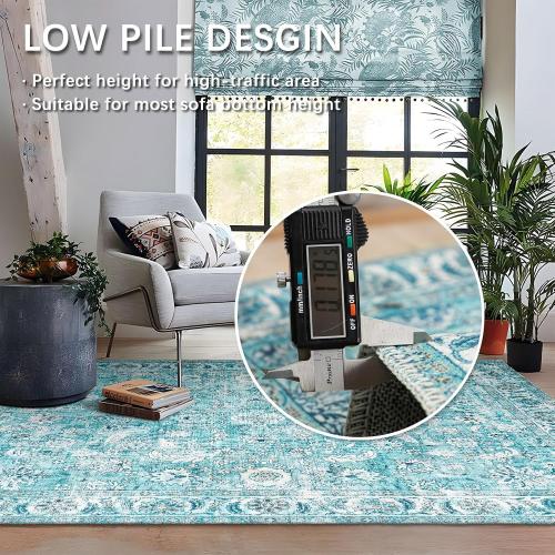 Doria Boho Area Rug, 3'6''×5'6'' Washable Oriental Rug, Non-Slip Vintage Floral Rug, Non-Shedding Traditional Carpet with Low Pile for Living Room, Bedroom, Dining, Office, Turquoise Blue