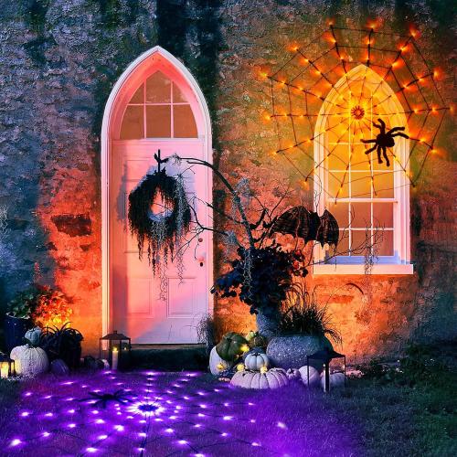 Orange & Purple EAMBRITE Halloween Spider Web Lights with 84LED Orange/Purple Lights, Light up Cobweb with Black Spider, Halloween Decorations for Room Proch Window Garden Indoor and Outdoor