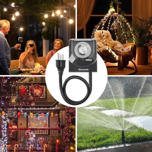 DEWENWILS 24-Hour Mechanical Light Timer with 2ft Long Cord, Waterproof Electrical Timer with Grounded Outlet, Plug in Timer Switch for Christmas Lights, 15A, 1/2 HP, UL Listed