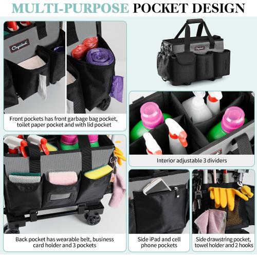 Rolling Cleaning Caddy, Cleaning Supplies Organizer with Trolley, Wearable Cleaning Tote Bag on Wheels with Hard Bottom, Cleaning Carts for Housekeepers/Home/Car/Office/Picnic (Grey)