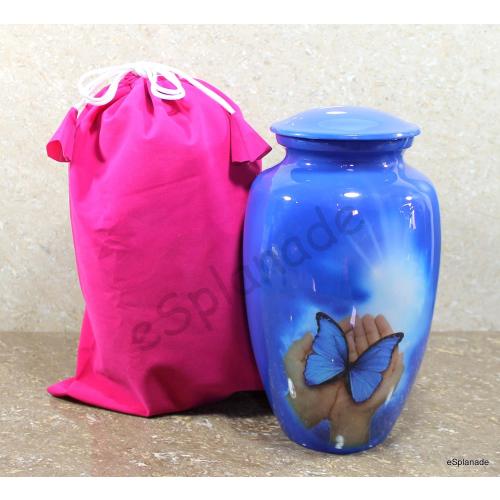 eSplanade Metal Cremation Urn Memorial Jar Pot Container | Full Size Urn for Funeral Ashes Burial | Butterfly Print | Blue - 10 Inches