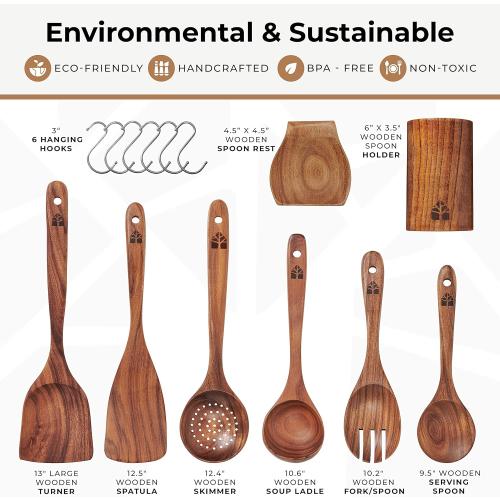 Teak Wooden Utensil Set with Spoon Rest & Hooks - Durable Wooden Spoons for Cooking with Comfort Grip - Effortless Clean, Non-Stick Friendly 8 Pcs
