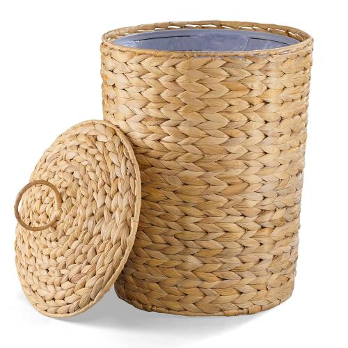 Size 3 gallon Wicker Trash Can with Lid and Removable Liner, Wicker Rattan Bathroom Trash Can, Large Woven Bin for Office, Hyacinth Waste Basket for Home Kitchen (Natural, 3 Gallons)
