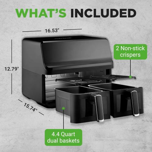 NutriChef Double Basket Air Fryer 8.8 QT | Family Size Oil Free Digital Cooker with Transparent Window | 9-1 Preset Cooking Options | 360° Hot Air Circulation Technology | 4.4 QTs per Basket | Black