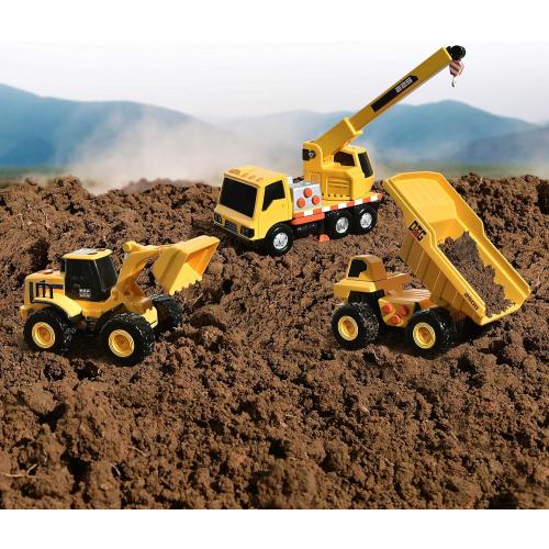 Sunny Days Entertainment Mini Construction Vehicles 3 Pack – Lights and Sounds Pull Back Toy Vehicle | Includes Dump Truck Front End Loader and Crane Truck – Maxx Action