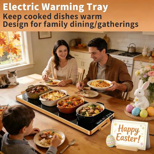 Electric Warming Tray (L 32x12)，Food Warmers for Parties Buffet with Thermostat & Full Surface Heating, Tempered Glass Warming Mat for Food, Temperature Adjustable Gold Handles Food Warming Mat
